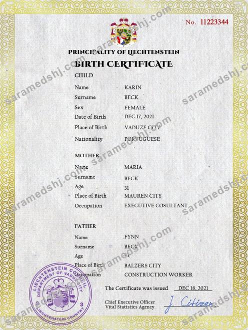Liechtenstein vital record birth certificate PSD template